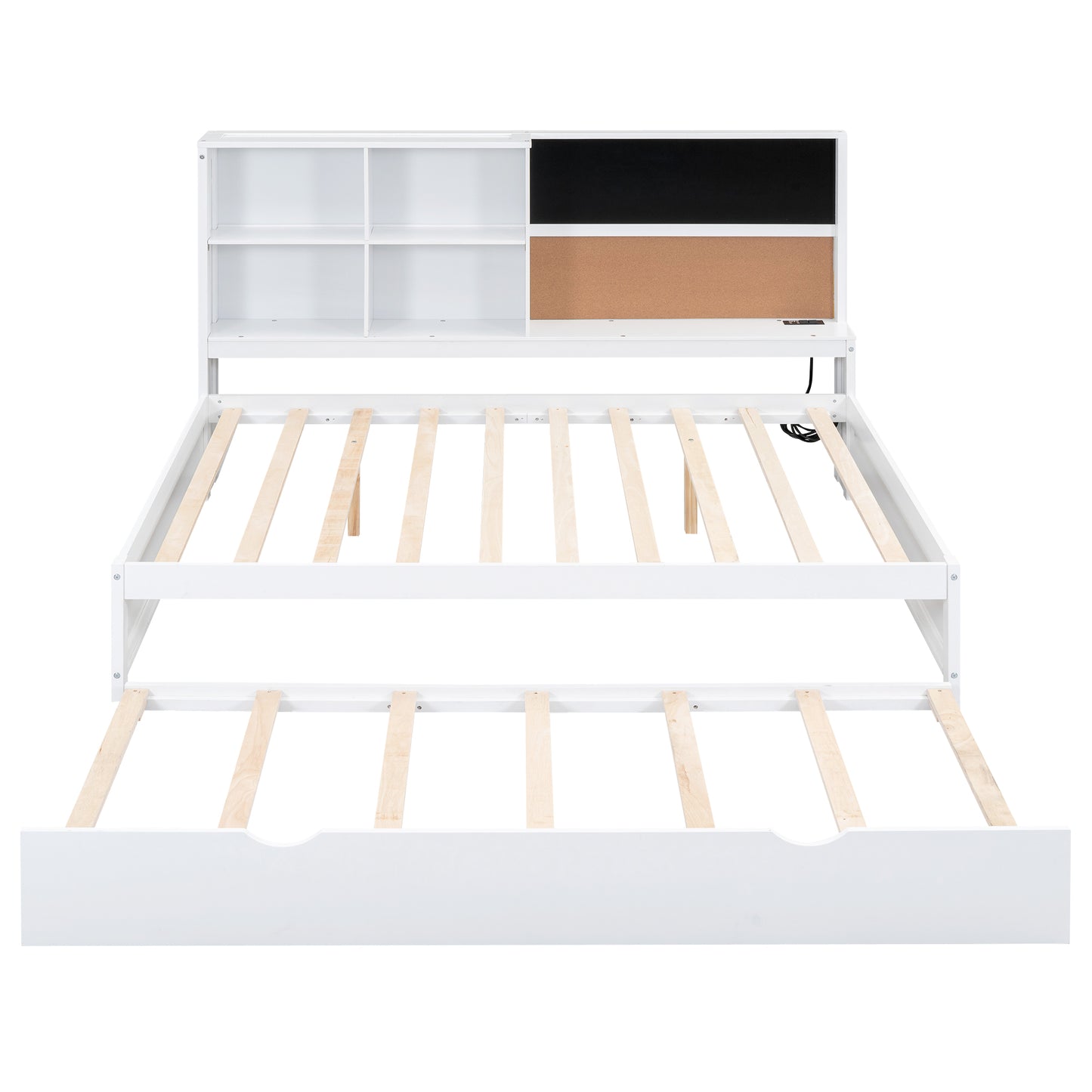 Full Size Daybed with Storage Shelves, Blackboard, Cork board, USB Ports and Twin Size Trundle  White