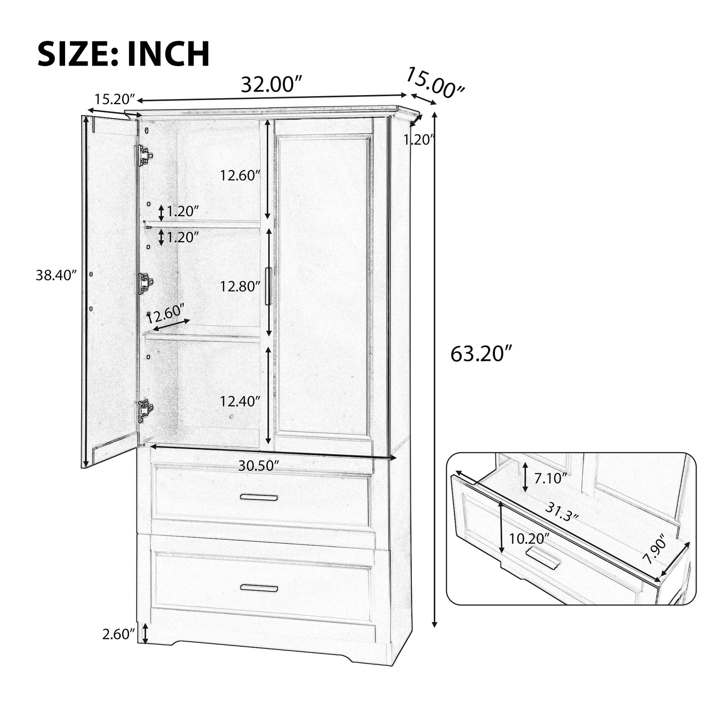 Mueble de baño alto con dos puertas y cajones, estante ajustable, tablero MDF, acabado negro