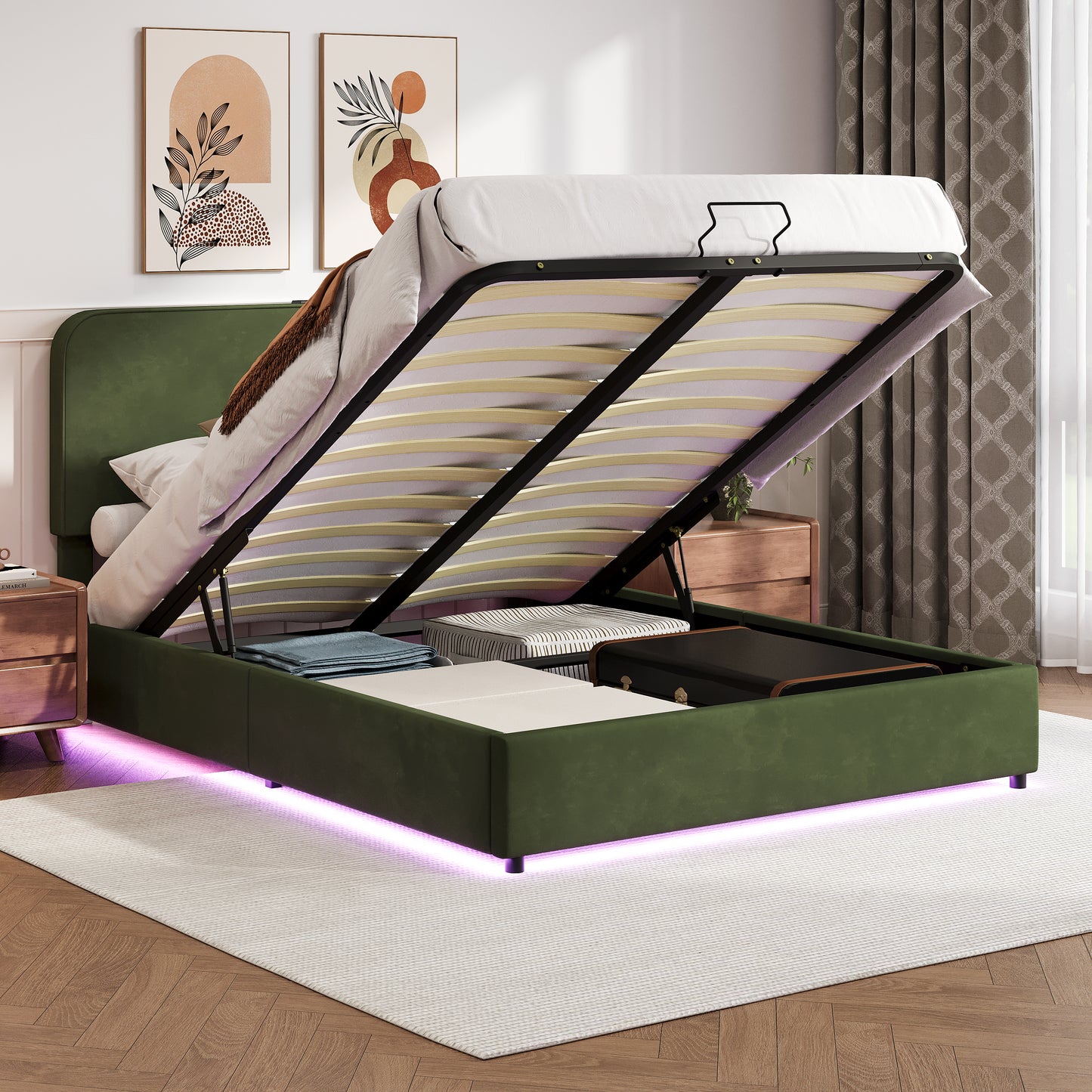 Large hydraulic storage bed with soft cushion lifting storage bed with RGB LED lights, Bluetooth speaker lychee velvet, green