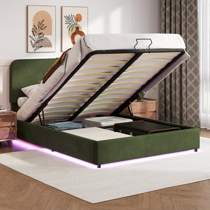 Hydraulic Storage Bed with LED Lights Green