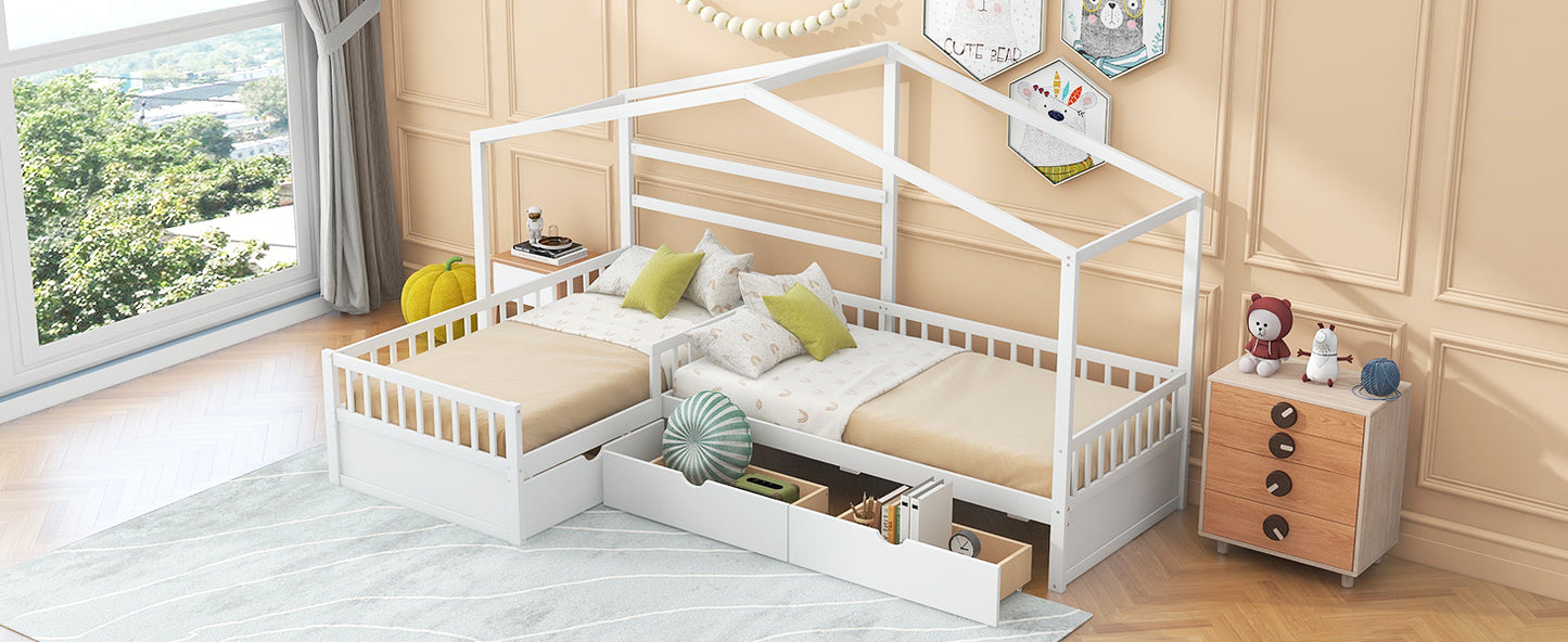 Twin Size House Platform Bed with Three Storage Drawers White