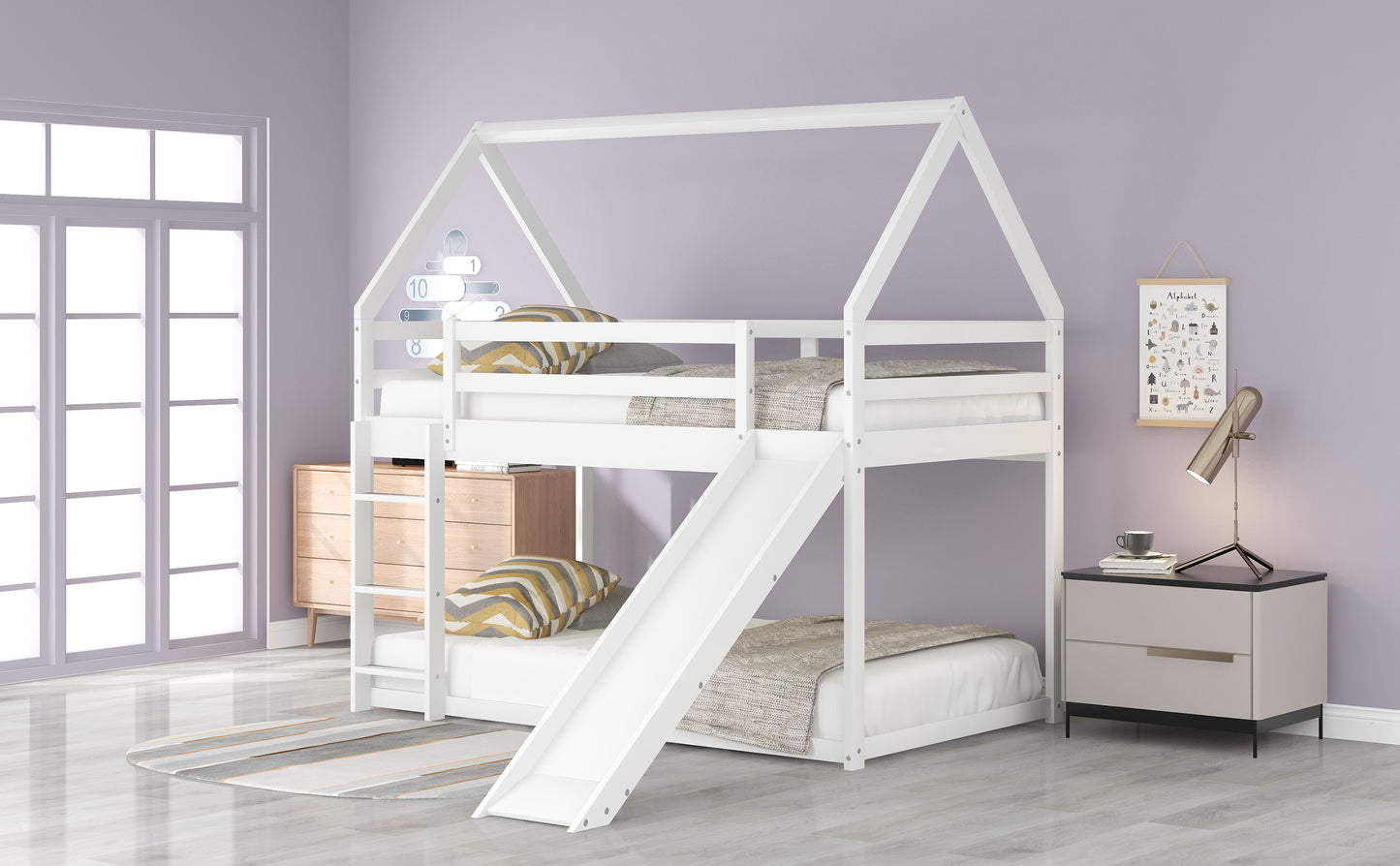 Twin Size Bunk House Bed with Slide and Ladder White