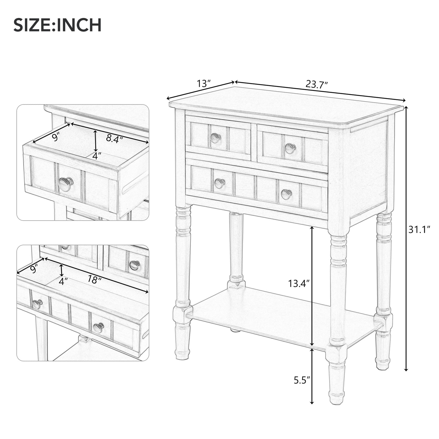 TREXM Narrow Console Desk, Ultra Thin Sofa Table with 3 Storage Drawers and Bottom Shelf, Espresso Finish