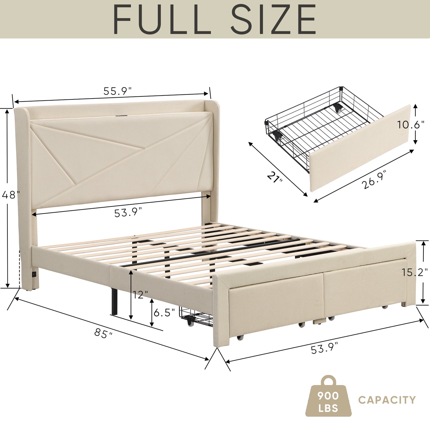 Full Size Bed Frame with 2 Storage Drawers Upholstered Bed Frame Beige