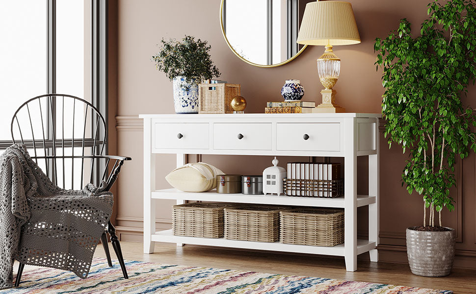 Retro Design Console Table with Two Open Shelves, Pine Solid Wood Frame and Legs, Antique White Finish