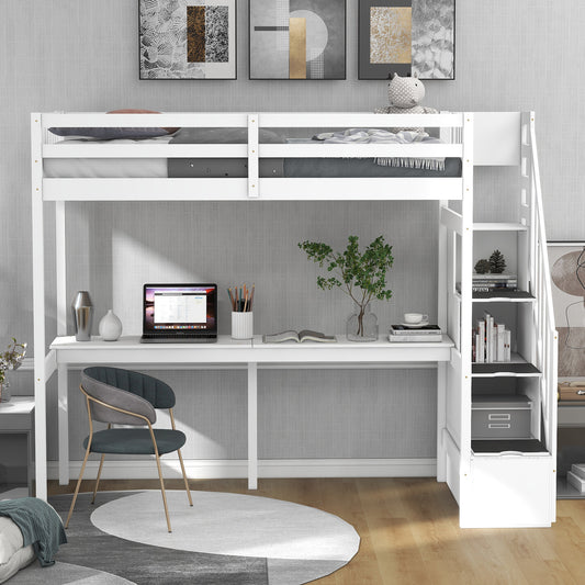 Twin Loft Bed with Staircase and Desk White