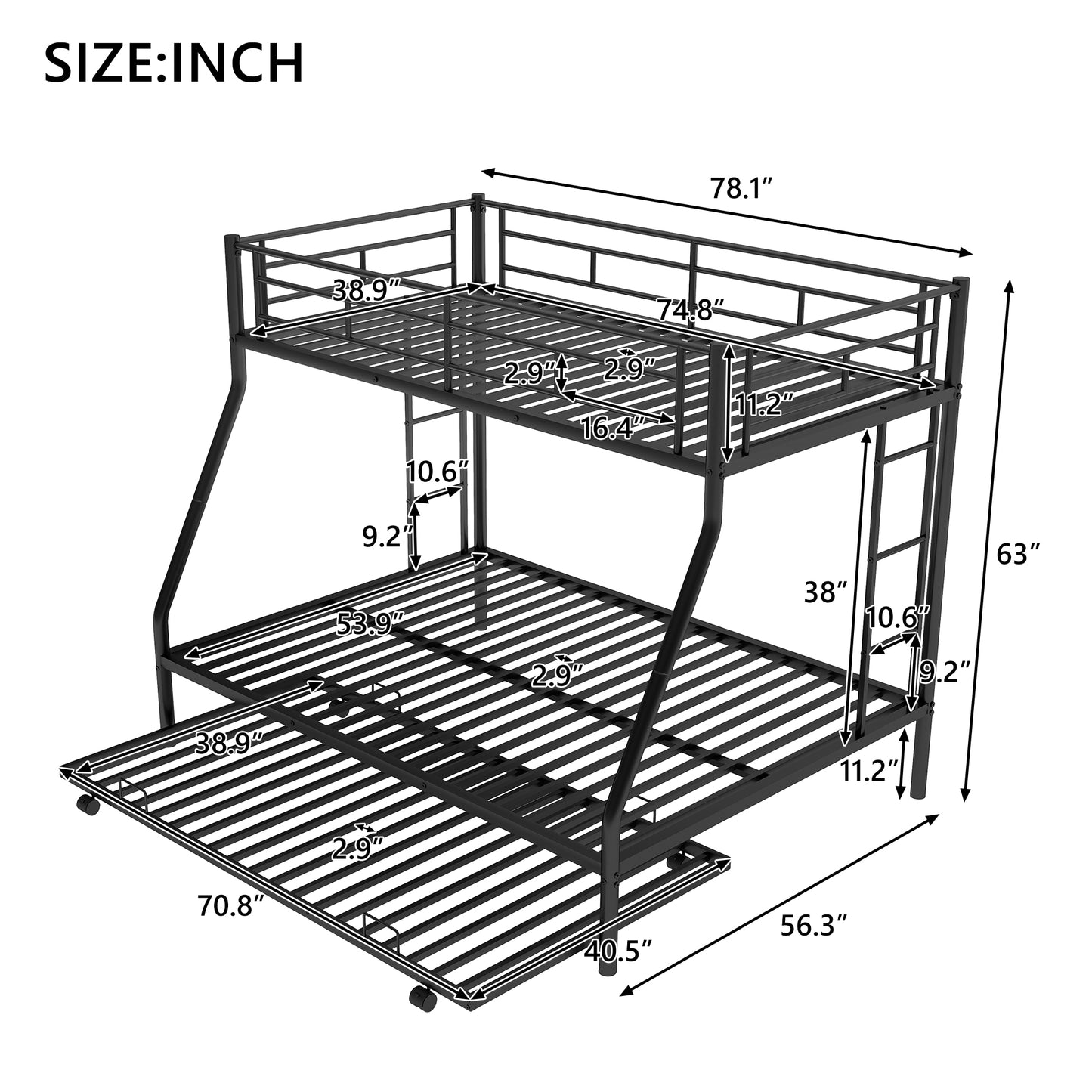 Twin over Full Bed with Sturdy Steel Frame Bunk Bed with Twin Size Trundle  Two-Side Ladders  Black