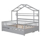 Wooden Full Size House Bed with Twin Size Trundle Kids Bed with Shelf Gray