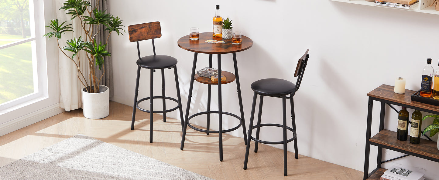 Round bar stool set with shelf upholstered stool with backrest Rustic Brown 23.62'' W x 23.62'' D x 35.43'' H