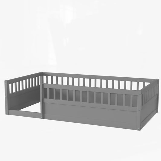 Twin Floor Bed Frame with Fence, Wood Kids Floor Beds Frame for Bedroom Playroom,Gray