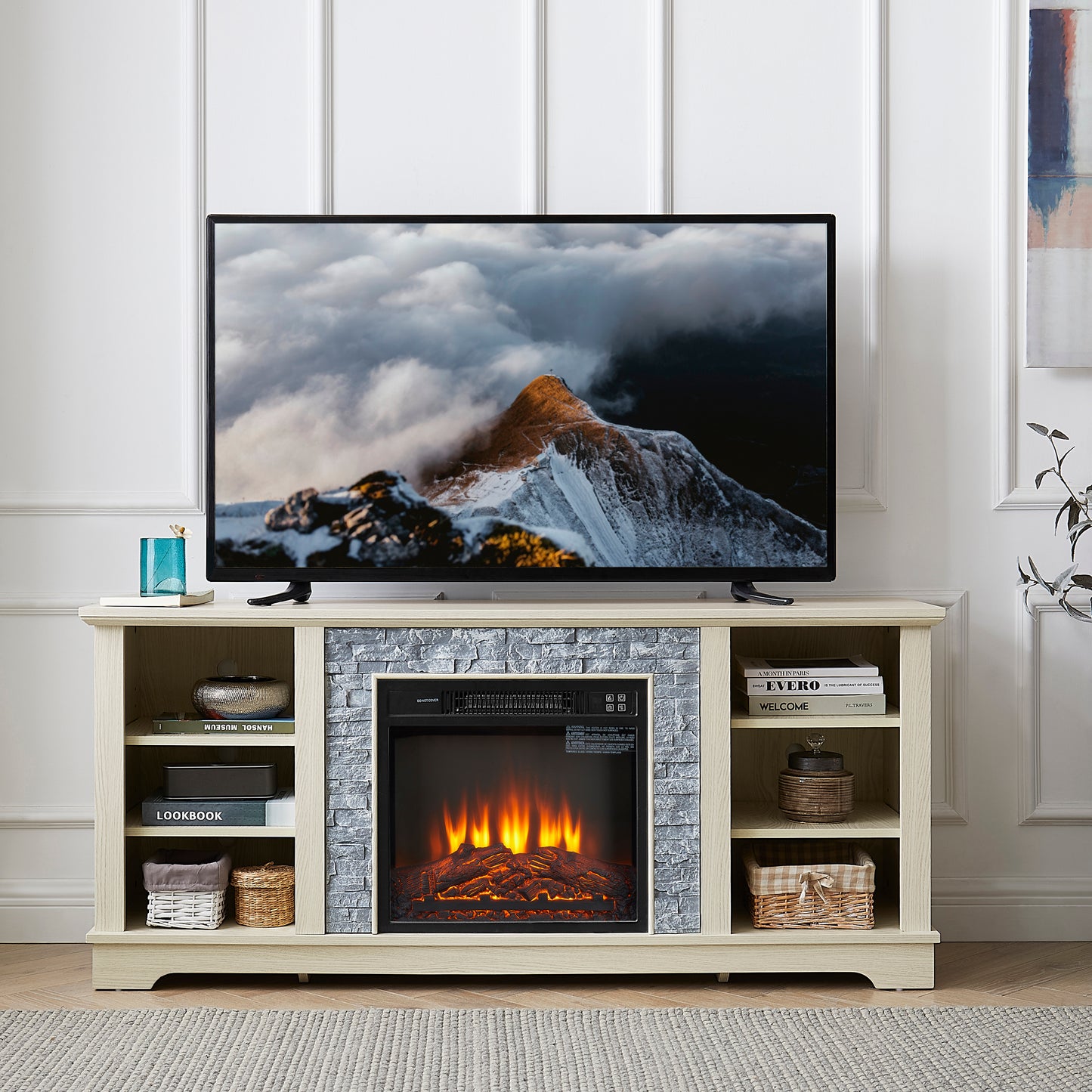 Mantel Electric Fireplace Stone TV Media Stand with Open Storage Console and 18-Inch Fireplace Insert, White