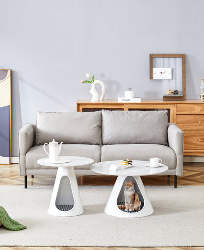 set of 2 coffee round tables with a marble-look top and steel base with 2 cat beds multifunctional and stylish entable