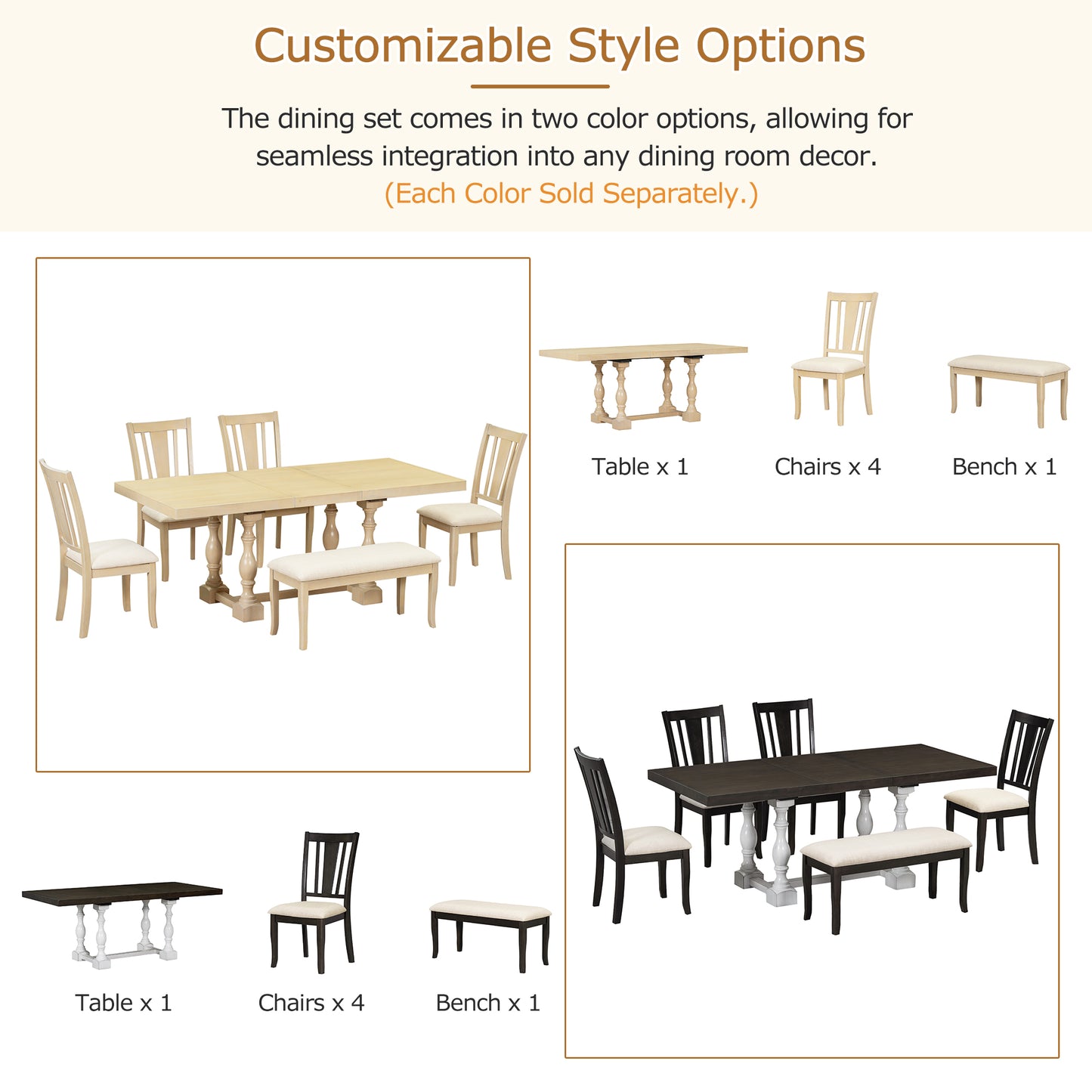 Traditional 6-Piece Trestle Extendable Dining Table Set with Removable Leaf, Padded Chairs, and Bench, Distressed White