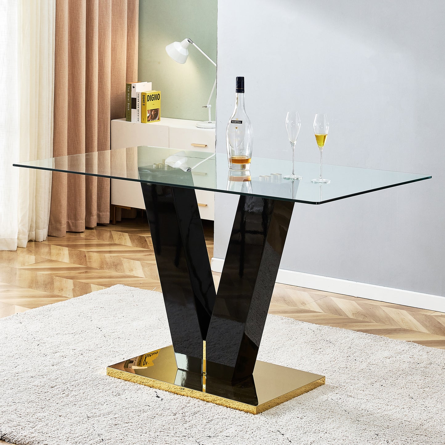 Large Modern Minimalist Rectangular Glass Dining Table for 6-8