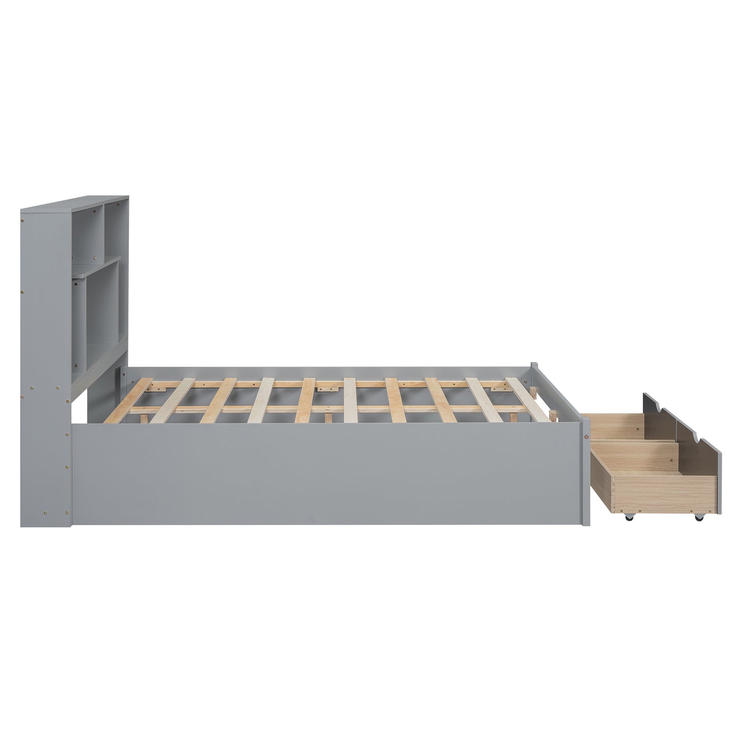 Full Size Platform Bed with Storage Headboard and 2 Drawers, Gray