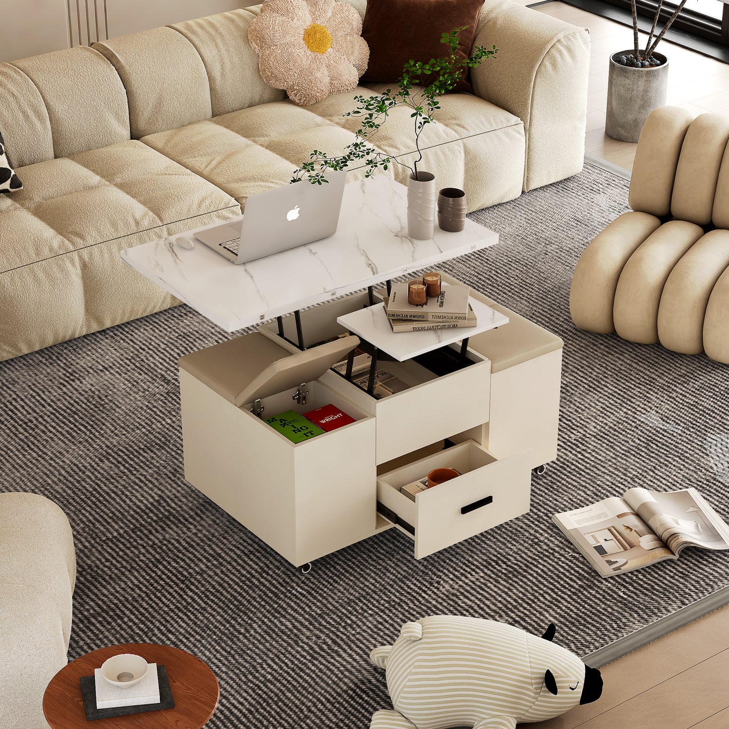 Modern Lift Coffee Table with 4 Chairs, Expandable Design with Hidden Storage and 2 Drawers