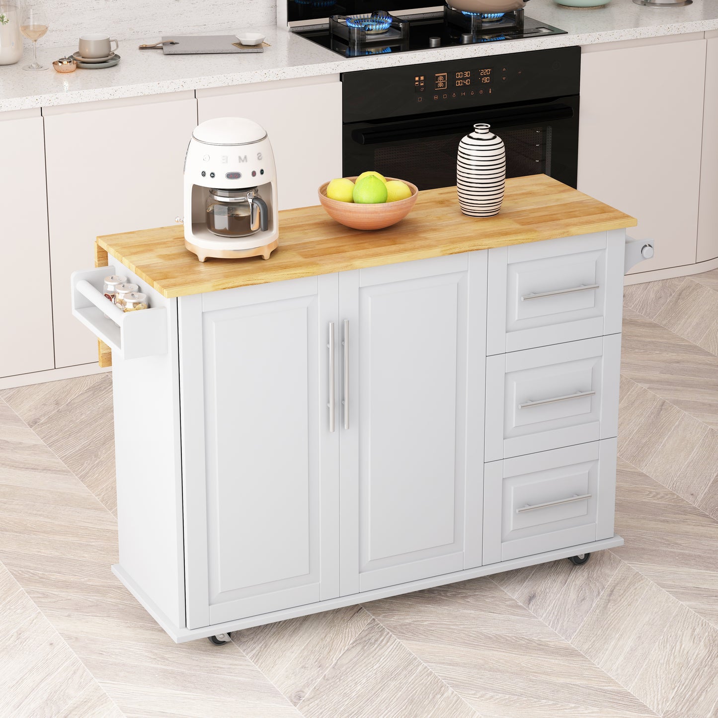 Carrito de cocina con isla con gabinete de 2 puertas, 3 cajones, estante para especias y toallero, ancho de 43,31 pulgadas en color blanco