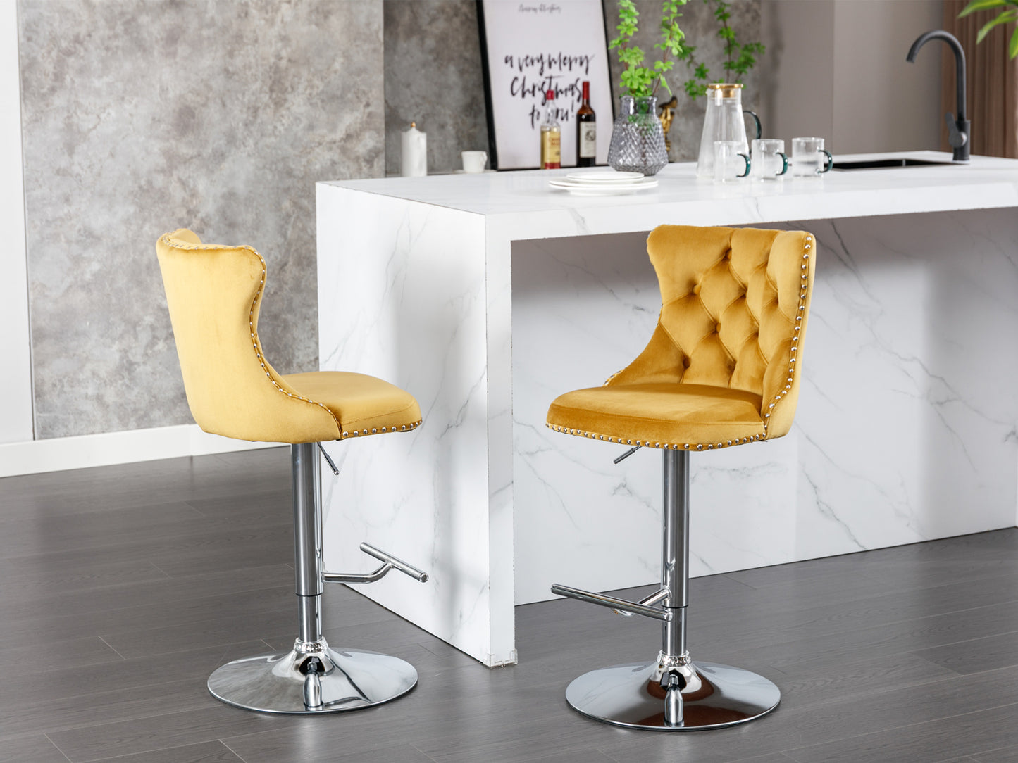 25-33 Inch, Modern Upholstered Chrome base Bar Stools with Backs Comfortable Tufted for Home Pub and Kitchen Island（Gold,Set of