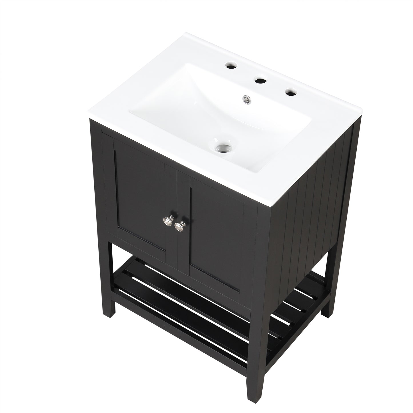 Black Modern Sleek Bathroom Vanity Elegant Ceramic Sink with Solid Wood Frame Open Style Shelf