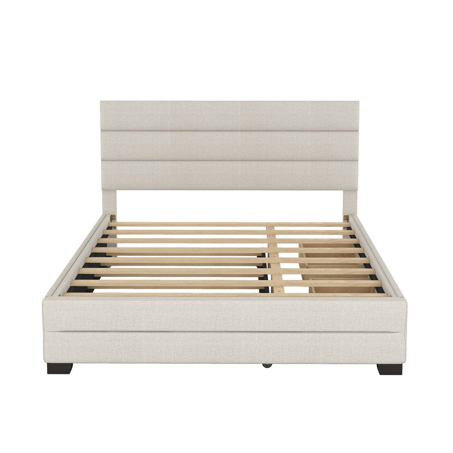 Queen Upholstered Platform Bed with Twin Size Trundle and Two Drawers  Beige