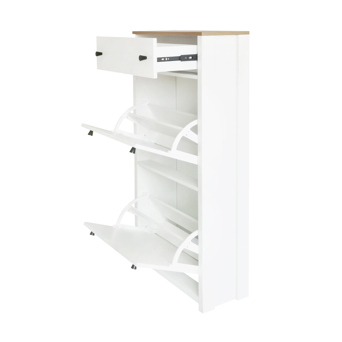 ONTREND ultra-thin shoe cabinet set with 4 flip drawers and adjustable panel top shoe rack, white