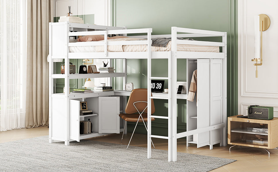 Wood Loft Bed with Cabinet and Bookshelf, Full Size Loft with Wardrobe and Desk for Kids,White