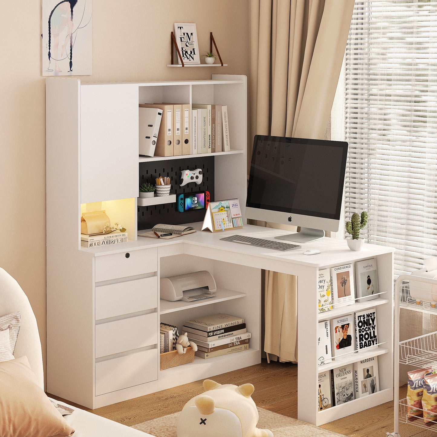 L-Shaped Office Desk with Charger, Bookshelf, Drawers, and LED Lights, Corner Gaming Computer Desk with Storage