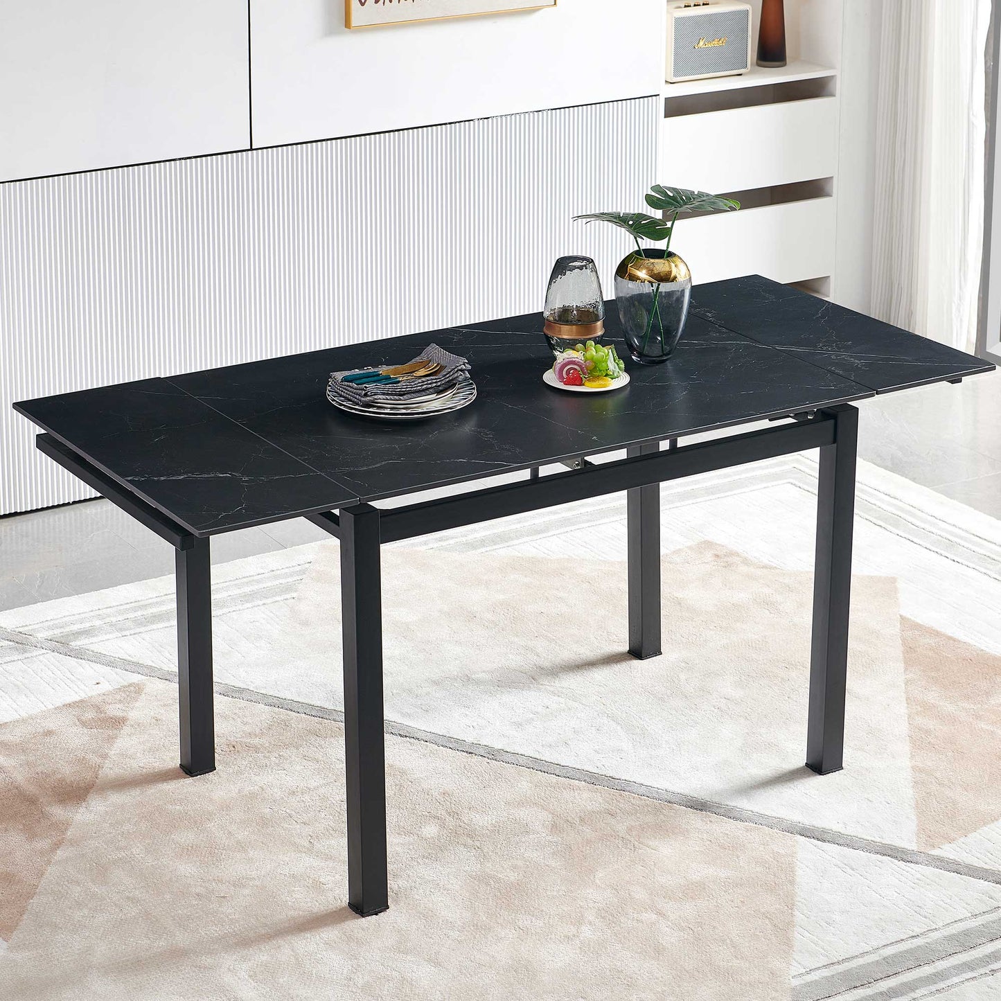 Black Ceramic Modern Rectangular Expandable Dining Room Table For Space-Saving Kitchen Small Space -Table