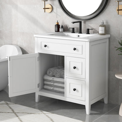 Mueble de baño de 30" con encimera de lavabo, armario de madera maciza con puerta y dos cajones, color blanco