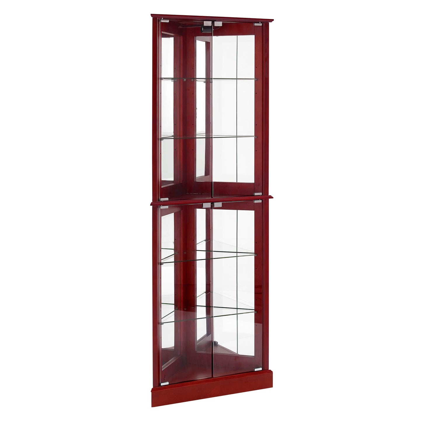 Corner Curio Dispaly Cabinet with Lights, Adjustable Tempered Glass Shelves, Mirrored Back,Cherry(E26 light bulb not included)