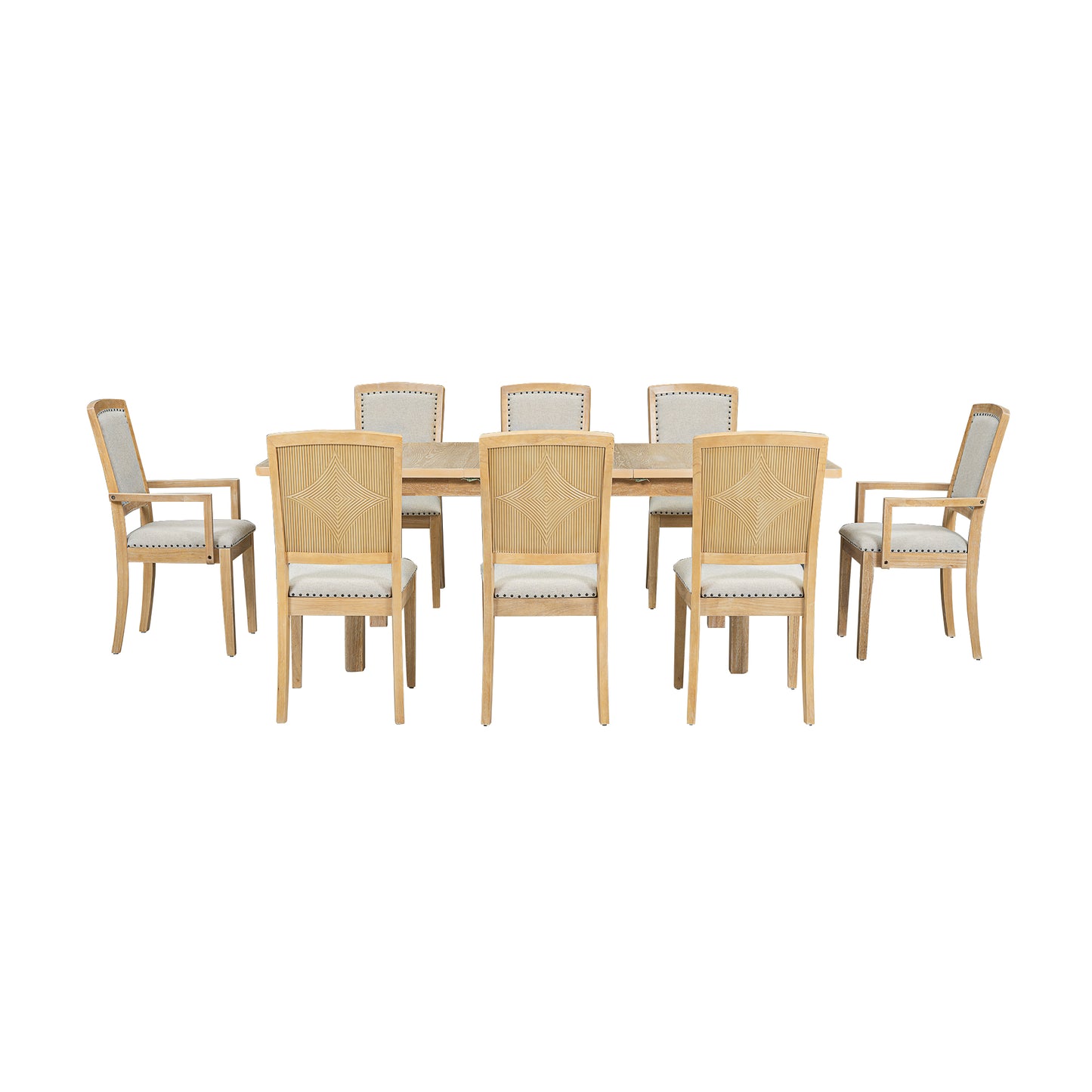 TOPMAX Expandable 84-Inch Dining Table Set with 24" Detachable Leaves, 6 Armless Chairs, and 2 Armchairs, Natural Finish