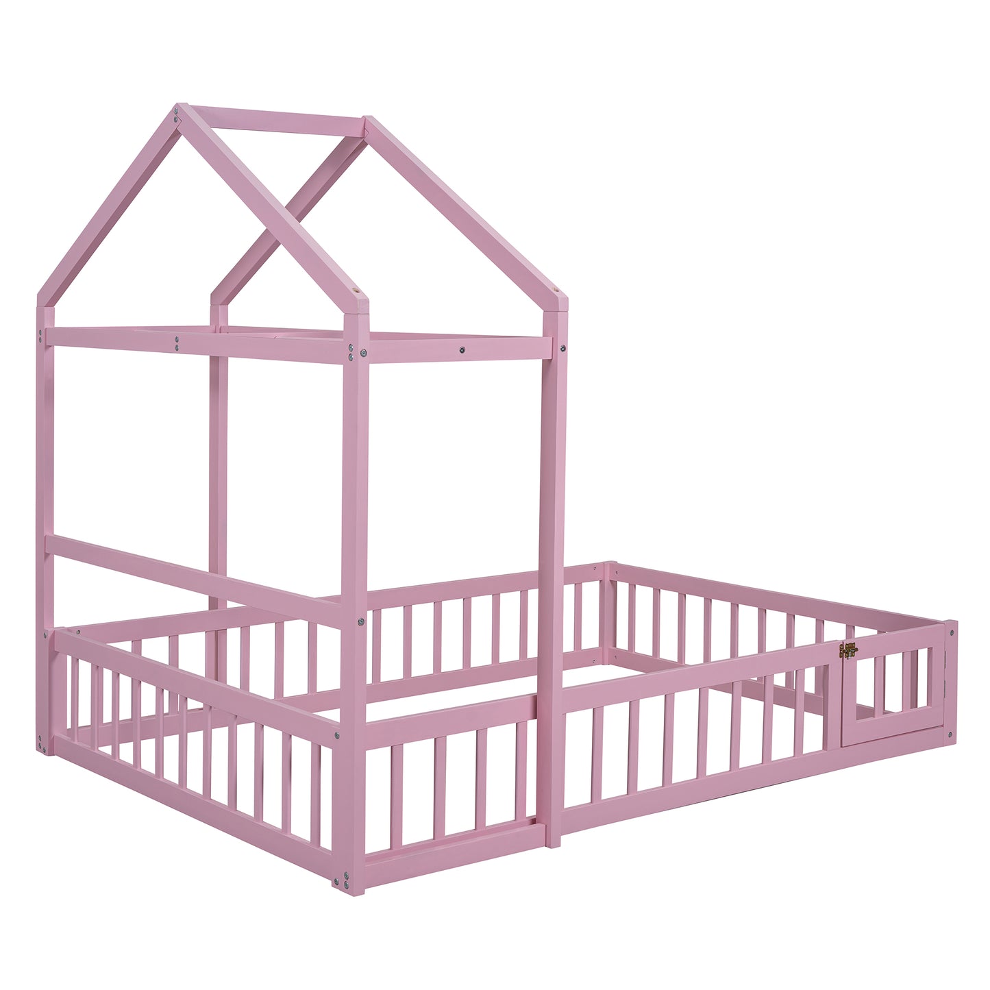 Wooden Full Size Children's Bed with Detachable Headboard and Integrated Clothes Drying Rack, Pink