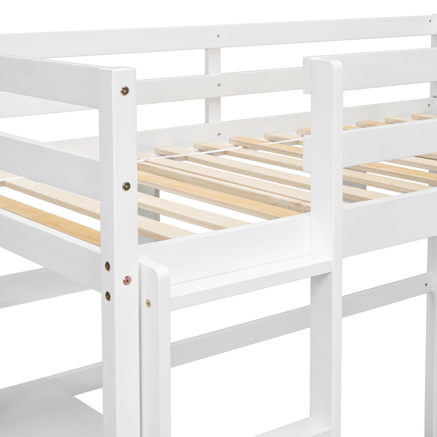 Twin Loft Bed with built-in desk and bookcase of three compartments, Guardrails and Ladder,White