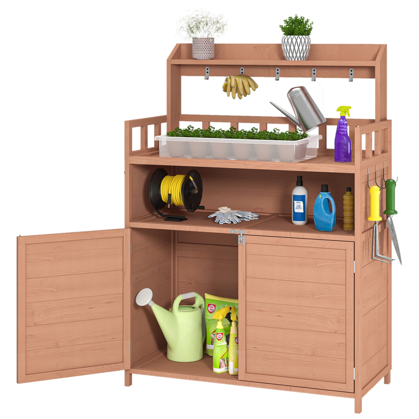 Outdoor gardening workbench with large storage cabinets and a rooftop terrace