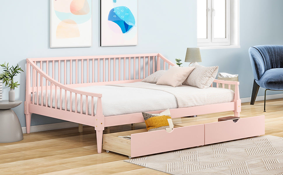 Full Size Daybed with Two Storage Drawers and Support Legs Pink