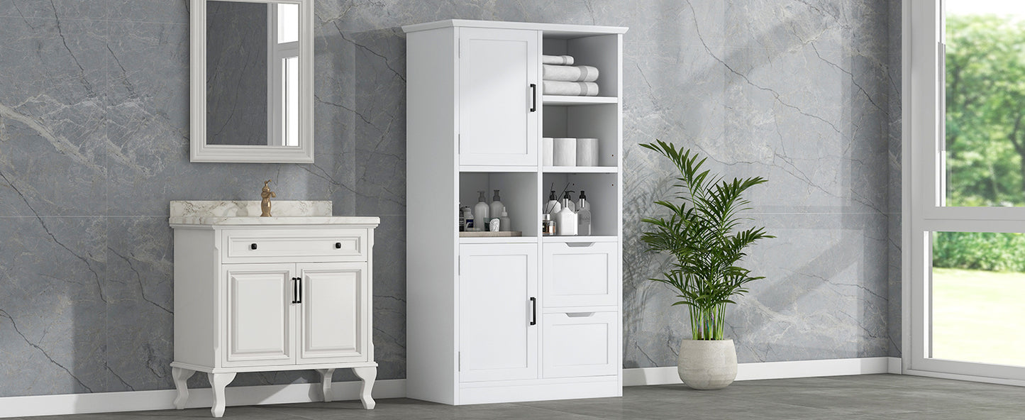 Bathroom storage cabinet with doors and drawers, multiple storage spaces, independent, open adjustable shelves, white