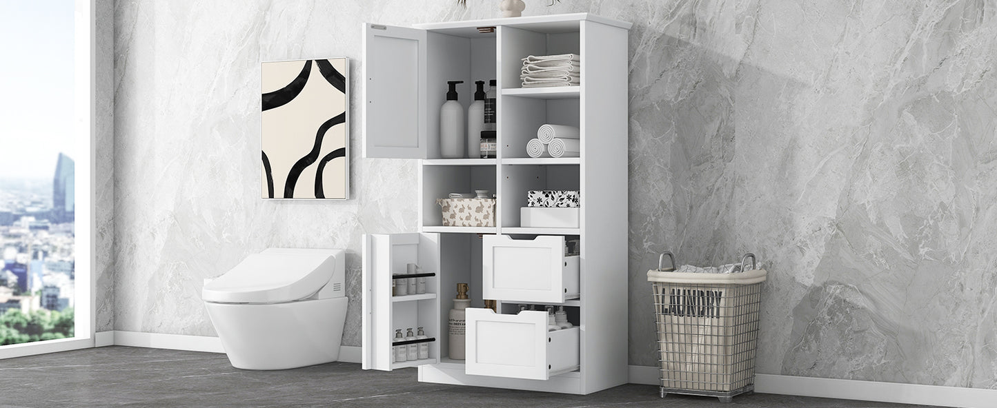 Bathroom storage cabinet with doors and drawers, multiple storage spaces, independent, open adjustable shelves, white