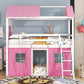 Twin Size Bunk Wood House Bed with Elegant Windows, Sills and Tent, Pink+White