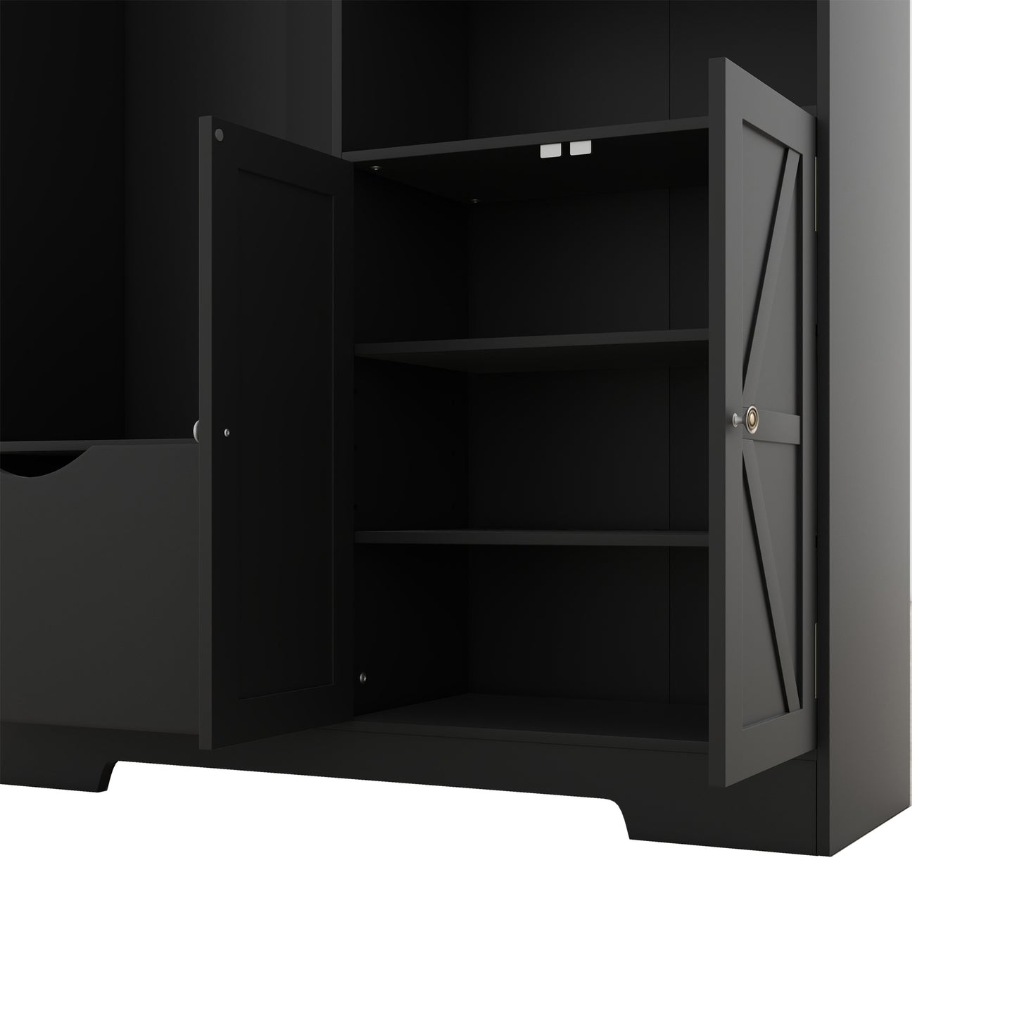 Multi-functional Hall Tree with Storage Shelves Drawers and Cabinet, Elegant Hallway Shoe Cabinet with Bench Modern Black