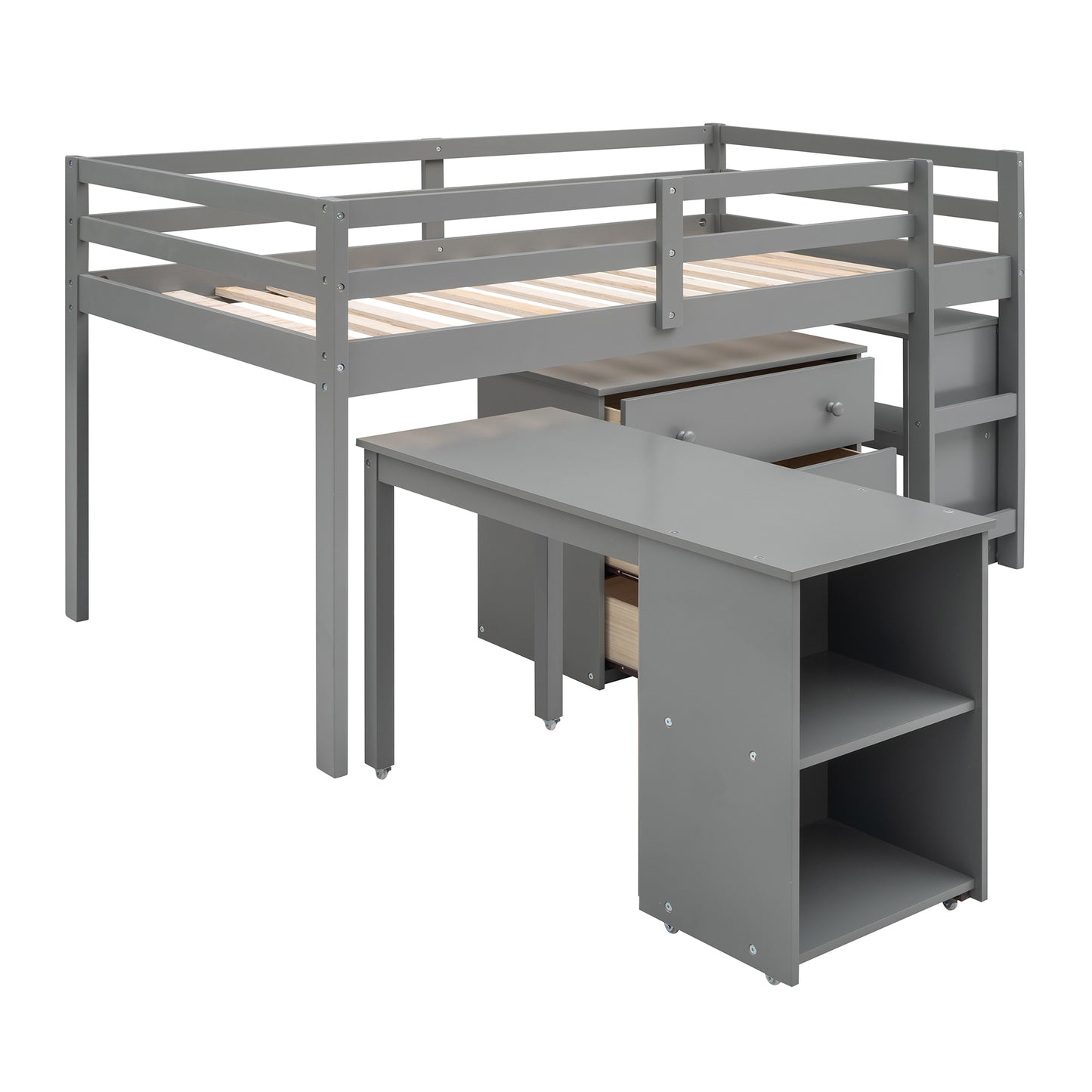 Low Study Twin Loft Bed with Cabinet and Rolling Portable Desk - Gray (OLD SKU :LP000113AAE)