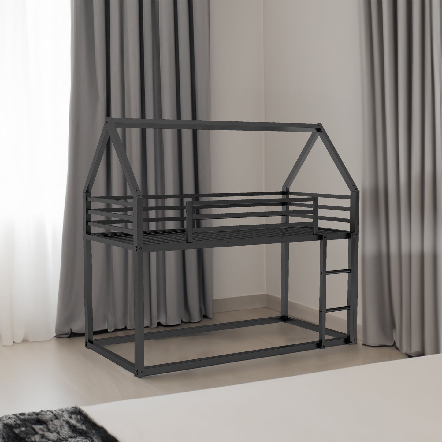 Twin over Twin House Bunk Bed with Built-in Ladder,Black