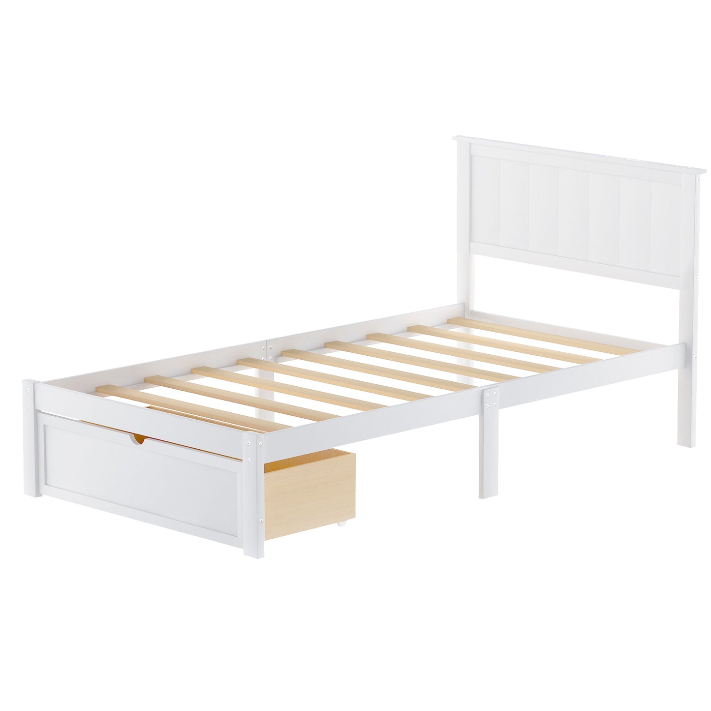 Twin Size Platform Bed with Under-bed Drawer White