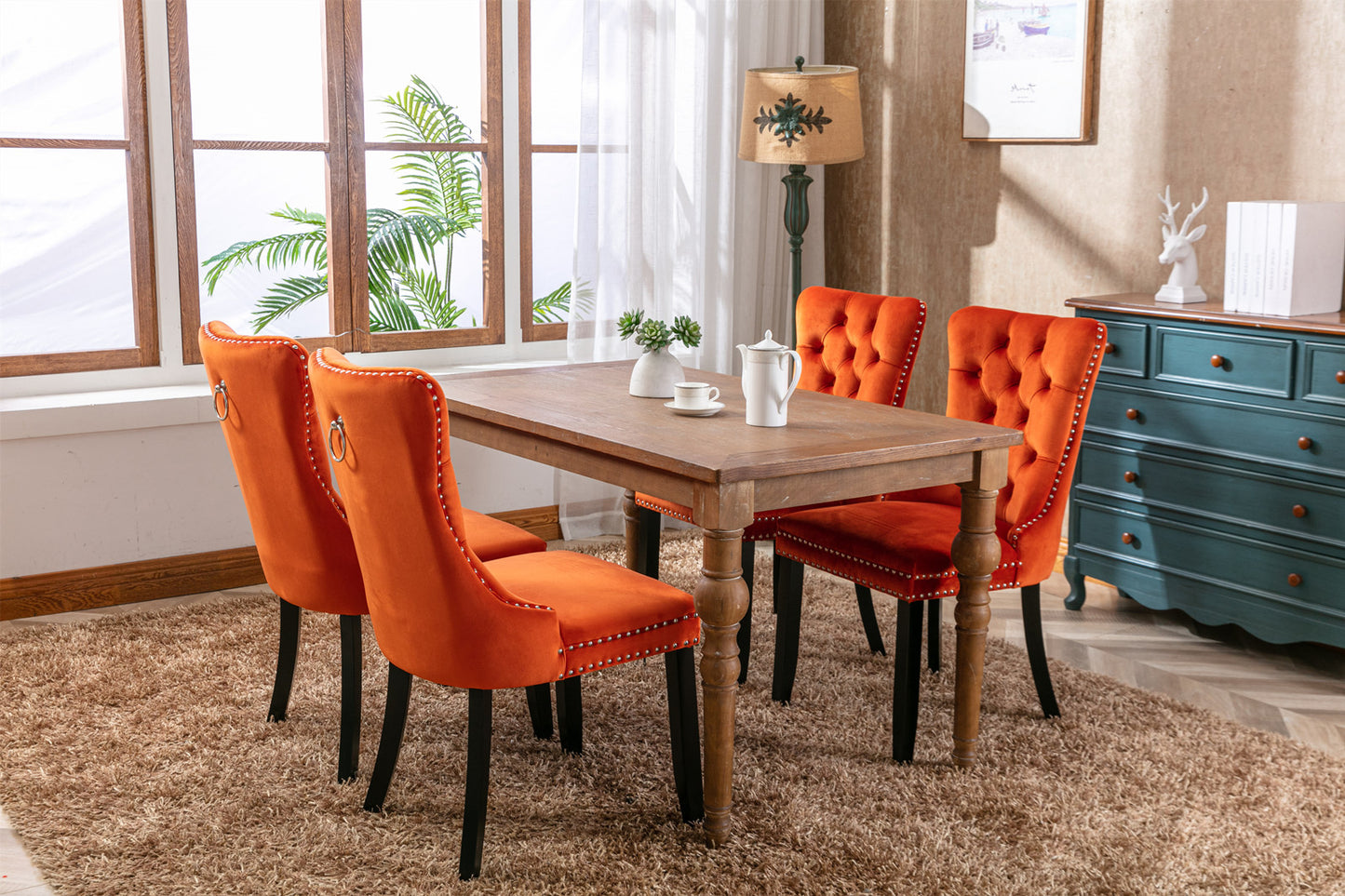 High-end Tufted Solid Wood Contemporary Velvet Upholstered Dining Chair with Wood Legs Nailhead Trim 2-Pcs Set Orange