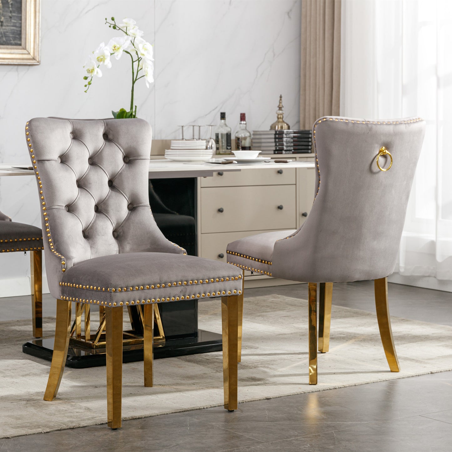 Tufted solid wood velvet cushioned dining chair, gold-plated stainless steel nail leg heads, 2 pieces in gray and gold