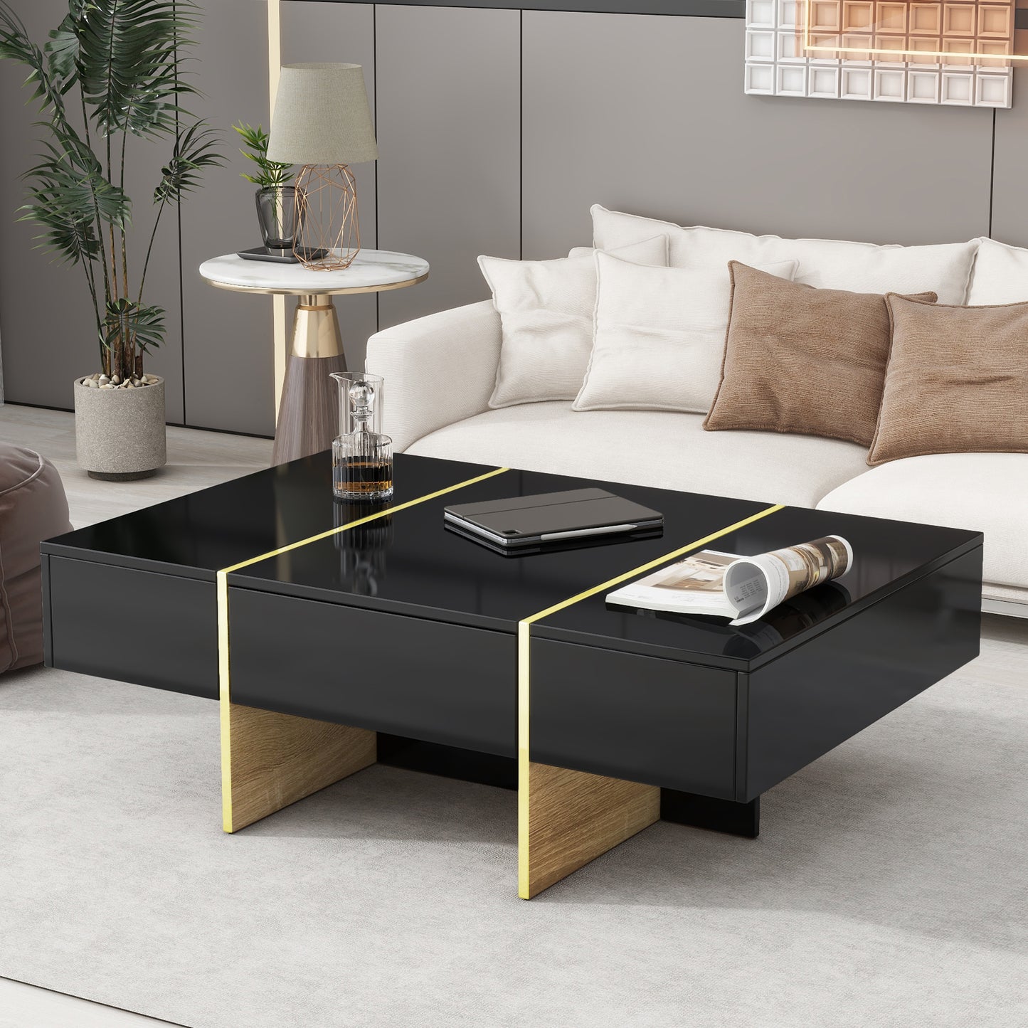 ON-TRANS 47.2 inch x 31.4 inch multifunctional rectangular sofa table with 2 drawers and gold wood grain leg center table, black