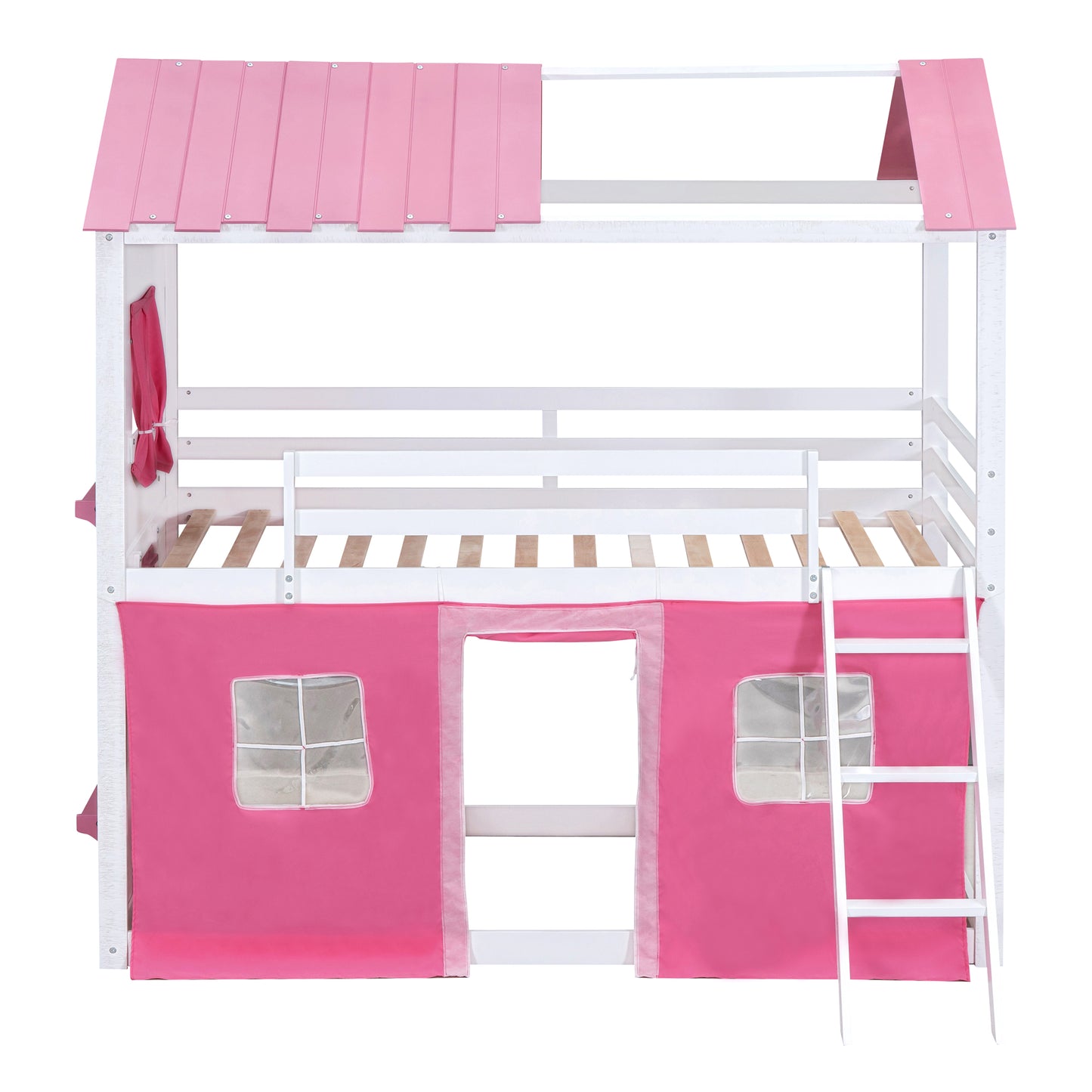 Twin Size Bunk Wood House Bed with Elegant Windows, Sills and Tent, Pink+White