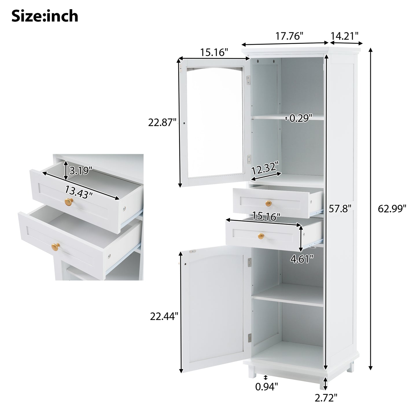 High bathroom storage cabinet with glass door, freestanding, two drawers and adjustable shelves, MDF board, painted white