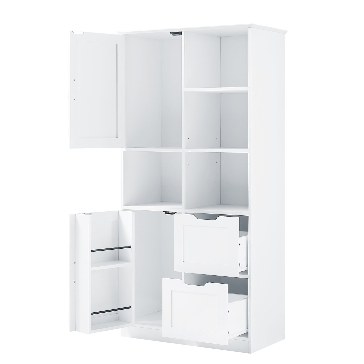 Bathroom storage cabinet with doors and drawers, multiple storage spaces, independent, open adjustable shelves, white