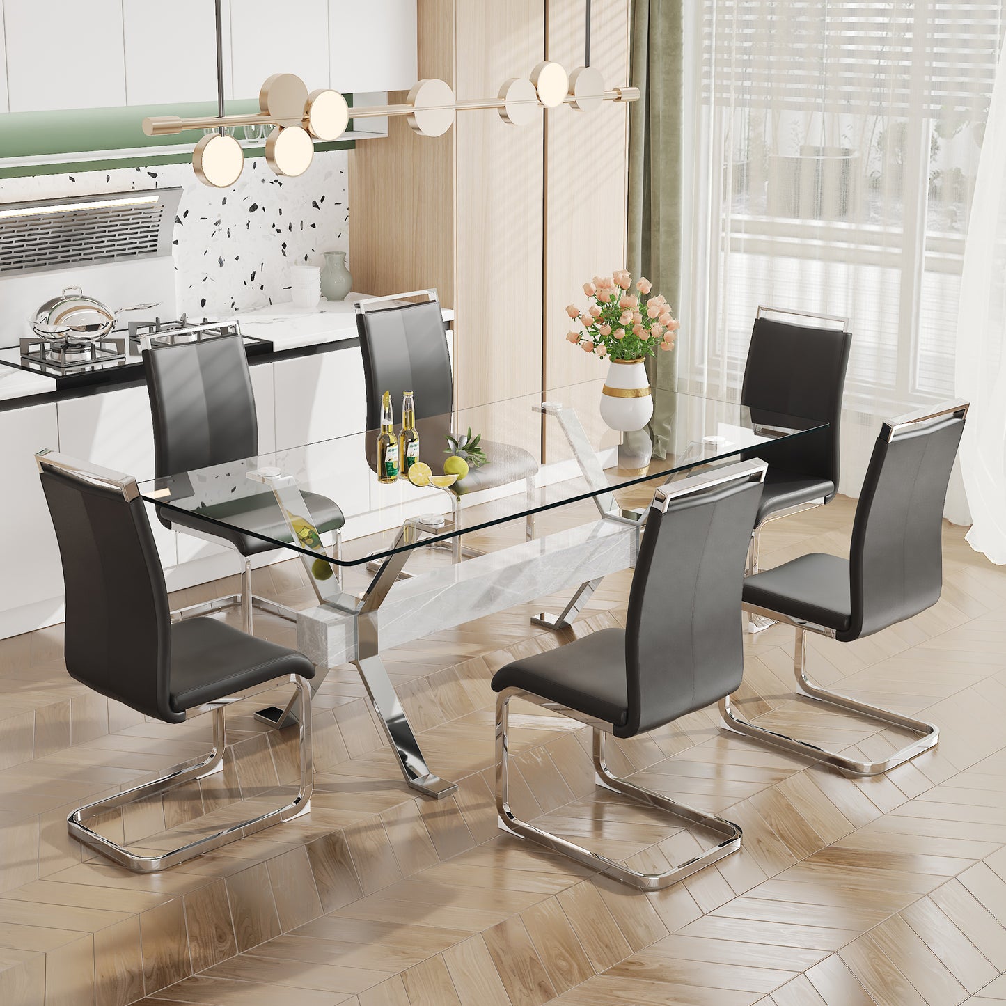 Modern Tempered Glass Dining Table, 79" x 39" x 30", Sleek Design for Dining Rooms