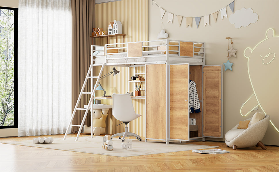 Twin Size Loft bed with L-shape Desk and Wardrobe, White